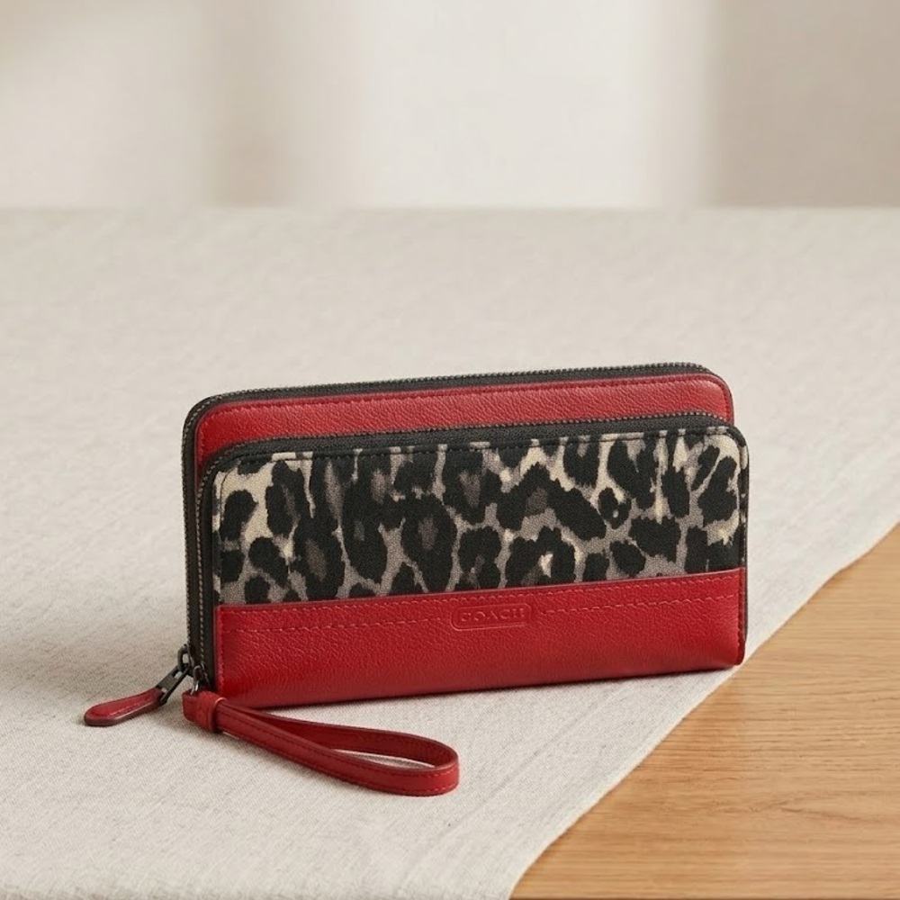 Coach Park Ocelot Red Leopard Accordion Zip Wallet Wristlet